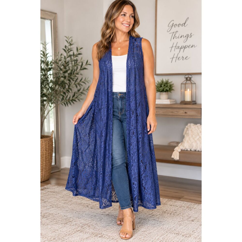 LuLaRoe Womens Size Large Blue Floral Lace Long Duster Vest Sleeveless Open